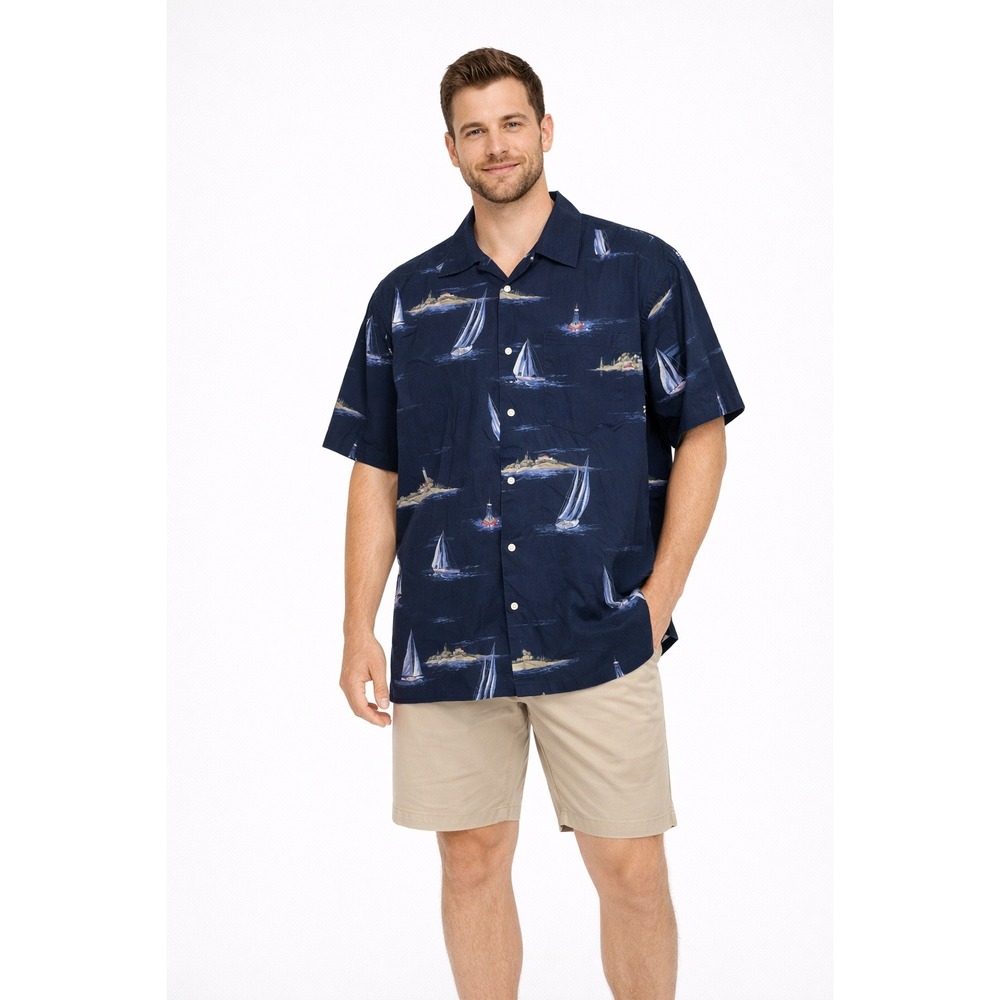 Nautica Men's XXL Navy Sailboat Print Camp Shirt Button Up Short‎ Sleeve